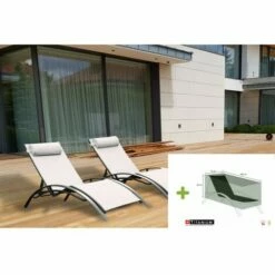 Meilleure vente 👍 CHALET & JARDIN Lot De 2 Bains De Soleil MONACO - BLANC ECRU (transat) + 1 Bâche De Protection TITANIUM 🤩